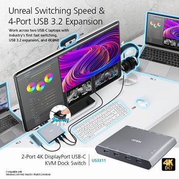 Picture of ATEN US3311 2-Port 4K DisplayPort USB-C KVM Switch with Power Pass-through