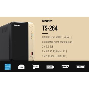 Picture of QNAP TS-264-8G 2-Bay Tower NAS (Intel Celeron, 8GB RAM)